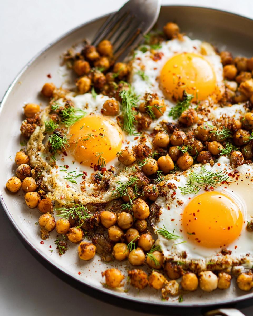 Close-up of a skillet with a Chickpea Fried Eggs Recipe, featuring sunny-side-up eggs and seasoned chickpeas, garnished with dill.
