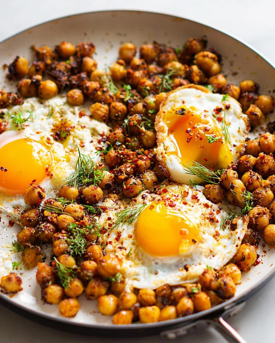 Close-up of a pan filled with a Chickpea Fried Eggs Recipe, featuring sunny-side-up eggs nestled among seasoned chickpeas and fresh herbs.