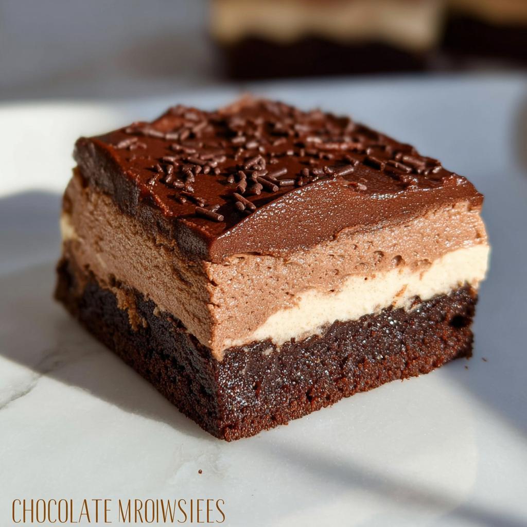 A rich slice of Chocolate Mousse Brownies with layers of brownie, cream, and chocolate ganache, topped with sprinkles.