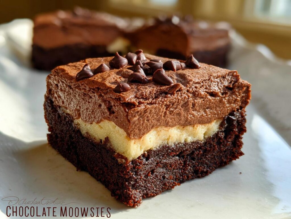 A rich slice of Chocolate Mousse Brownies featuring a dense brownie base, creamy layer, and fluffy chocolate mousse topping.