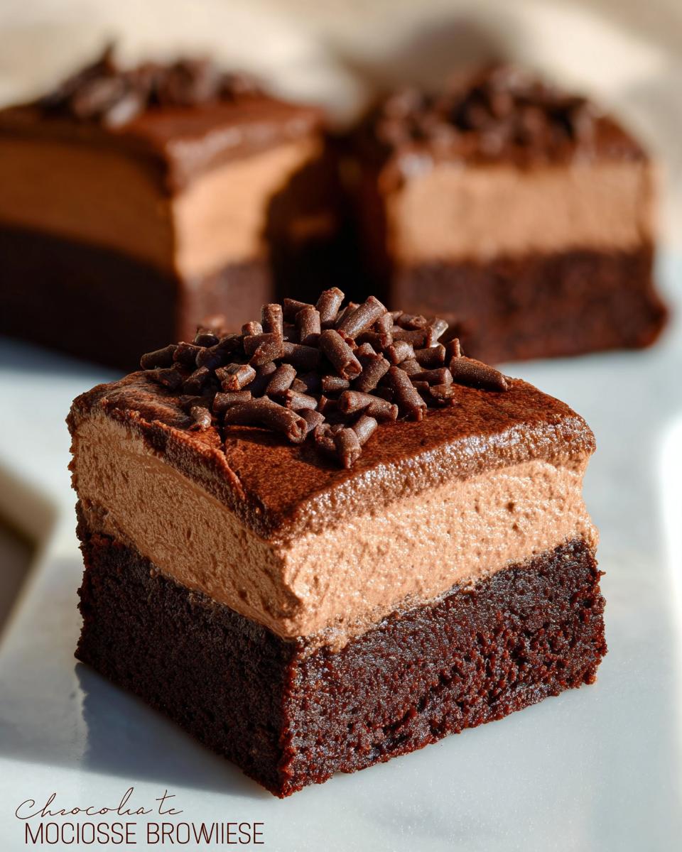 A rich slice of Chocolate Mousse Brownies, featuring a dense brownie base topped with creamy chocolate mousse and chocolate shavings.