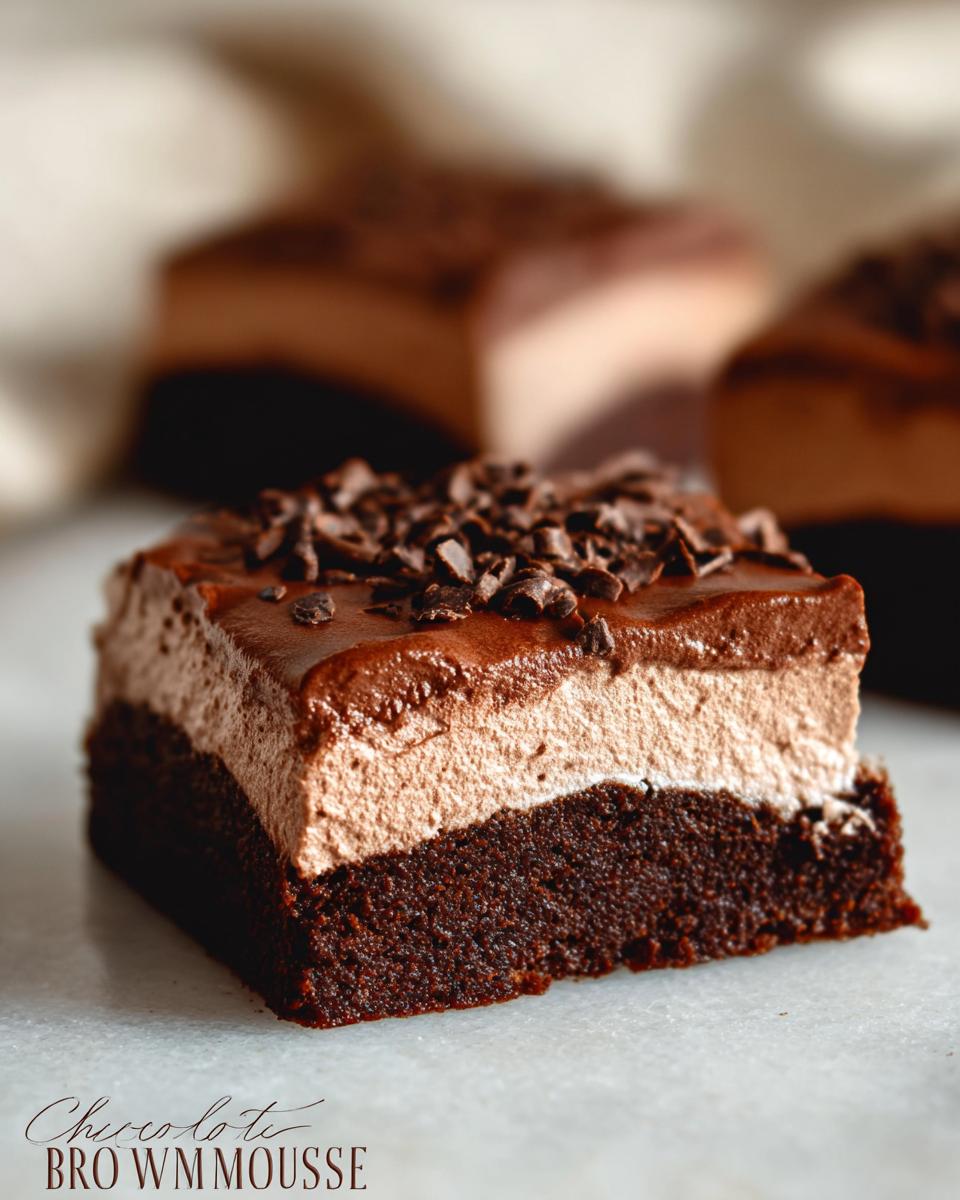 A rich slice of Chocolate Mousse Brownies with a dense brownie base and light chocolate mousse topping, sprinkled with chocolate shavings.
