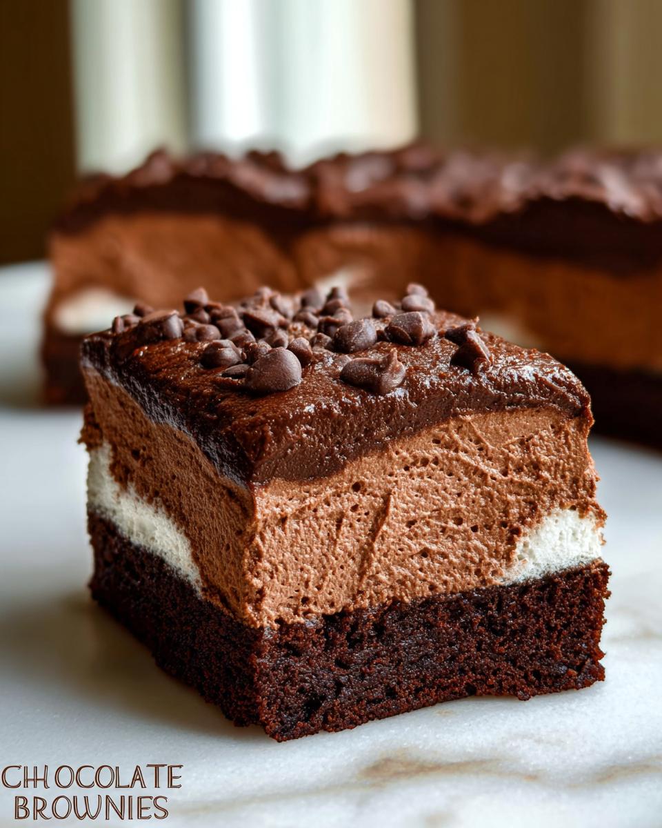 A rich slice of Chocolate Mousse Brownies featuring a brownie base, white layer, chocolate mousse, and chocolate chips.