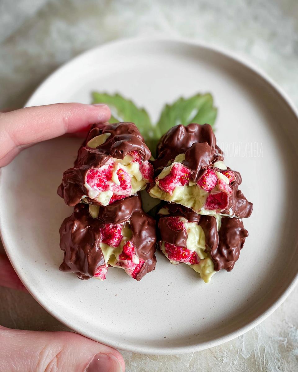 A stack of delicious Chocolate Strawberry Yogurt Clusters on a white plate, showing the creamy yogurt and strawberry filling.