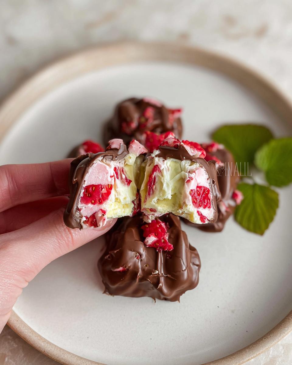 A hand holds a broken Chocolate Strawberry Yogurt Cluster, revealing creamy yogurt, marshmallows, and strawberry pieces inside.