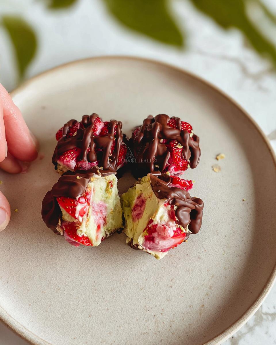 Close-up of Chocolate Strawberry Yogurt Clusters Recipe, showing a cross-section of the creamy yogurt, fresh strawberries, and chocolate drizzle.