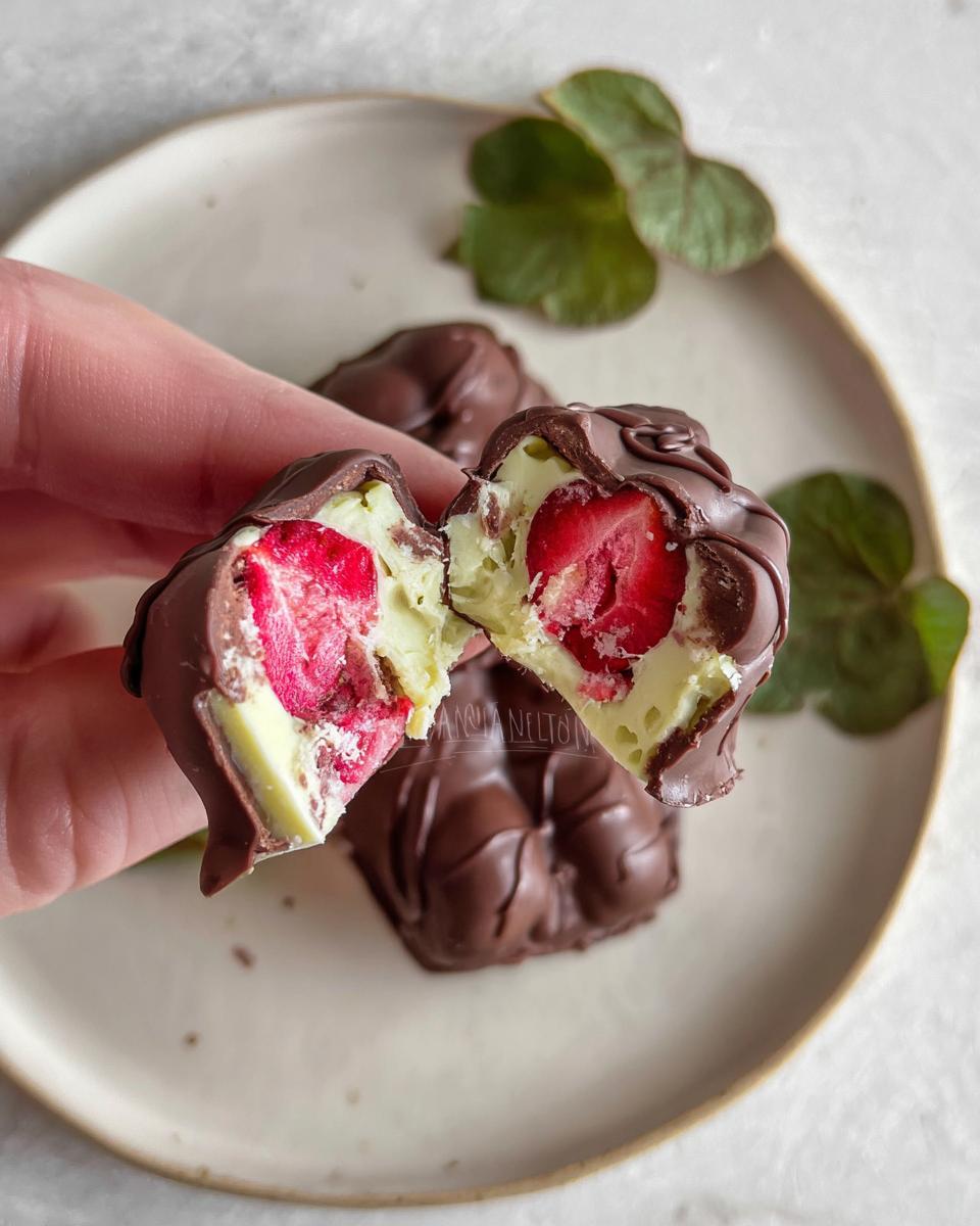 A hand holds a chocolate-covered strawberry yogurt cluster, split in half to reveal fresh strawberry pieces inside. Chocolate Strawberry Yogurt Clusters Recipe.