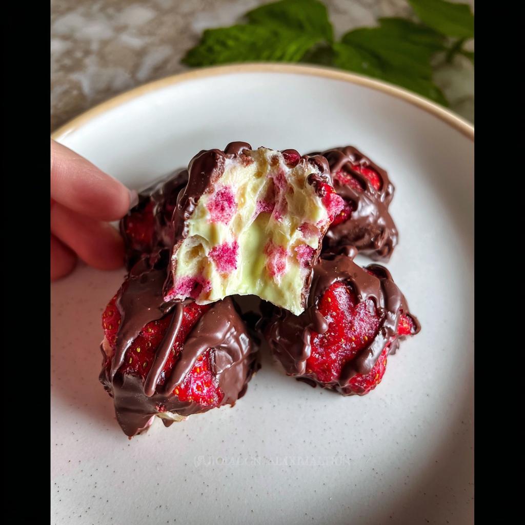 A close-up of chocolate strawberry yogurt clusters, showing the creamy yogurt center with strawberry pieces and a dark chocolate coating.