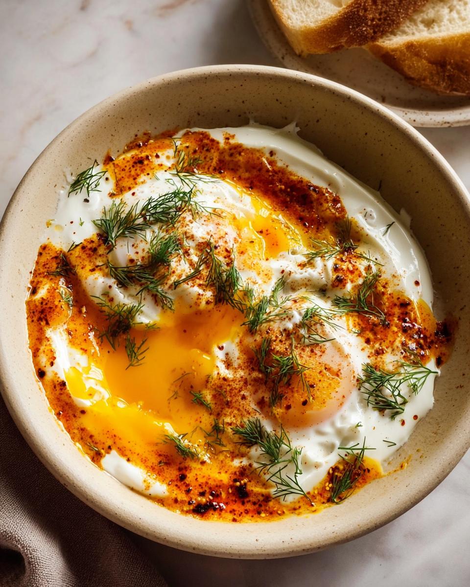 Close-up of Çılbır: Turkish eggs served in creamy yogurt with a drizzle of chili butter and fresh dill.