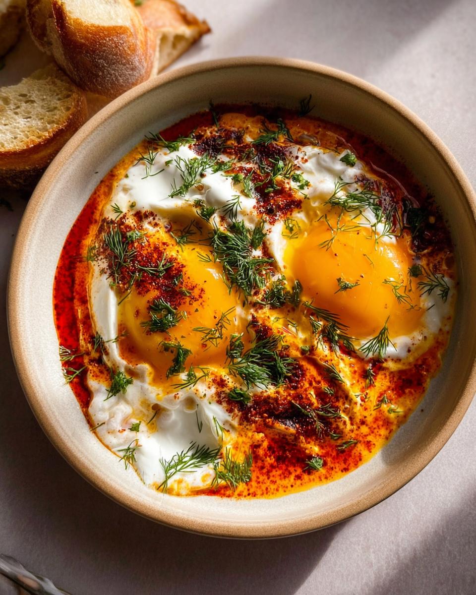 A close-up of Çılbır, Turkish eggs served with creamy yogurt, drizzled with chili butter sauce and fresh dill.