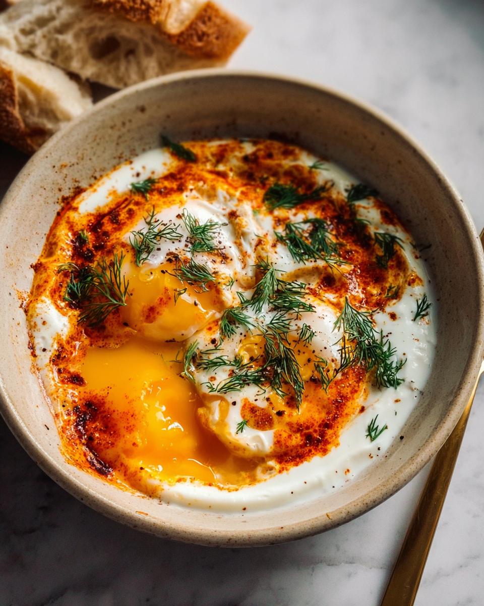 A close-up of Çılbır, Turkish eggs served with creamy yogurt, drizzled with chili butter and fresh dill.