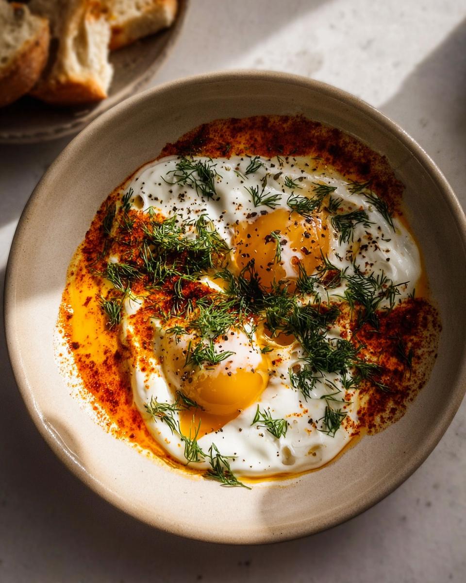 Close-up of Çılbır: Turkish eggs with creamy yogurt, drizzled with butter sauce and sprinkled with dill.