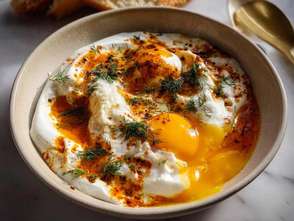 A close-up of Çılbır, Turkish eggs served over creamy yogurt with a drizzle of spiced butter and fresh dill.