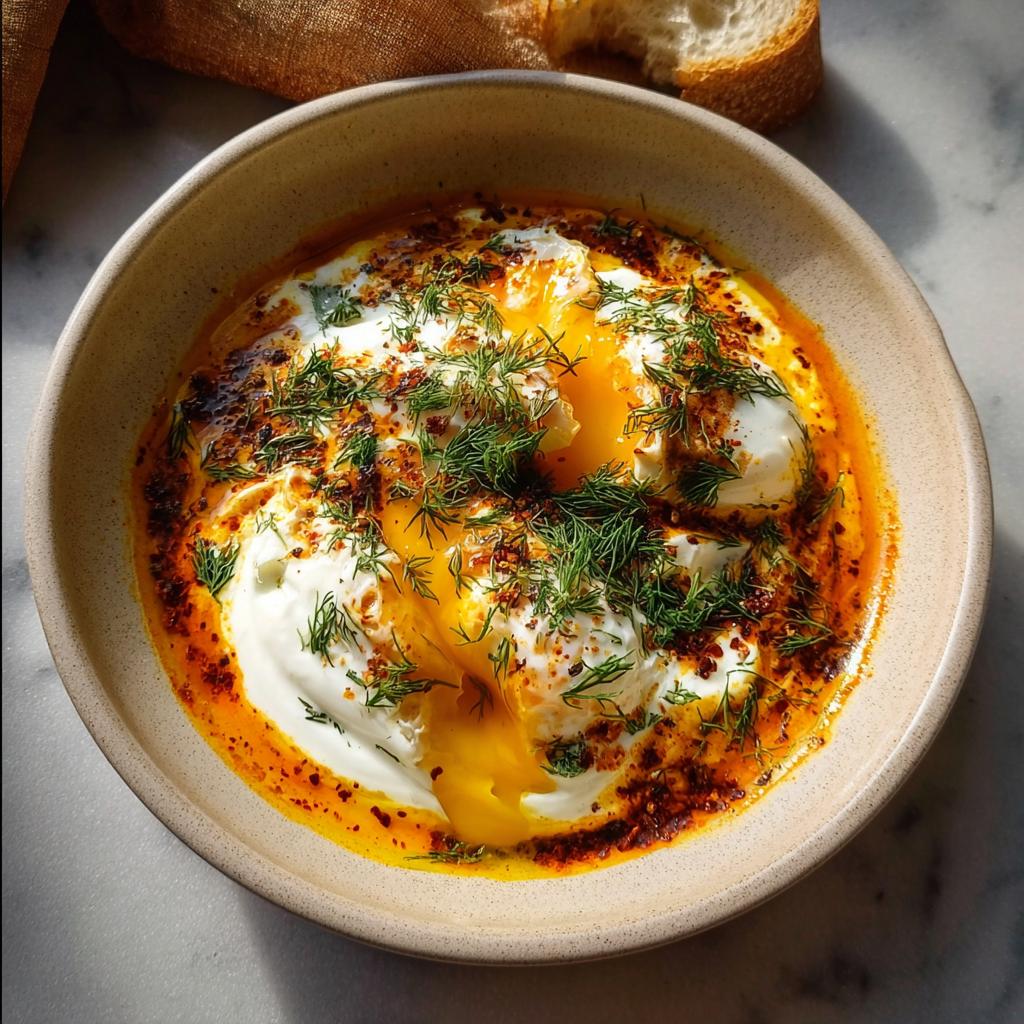 A close-up of Çılbır, Turkish eggs served with creamy yogurt, chili butter sauce, and fresh dill.