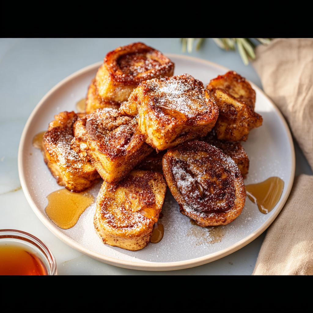 A plate piled high with golden brown Cinnamon Roll French Toast Bites, dusted with powdered sugar and drizzled with syrup.