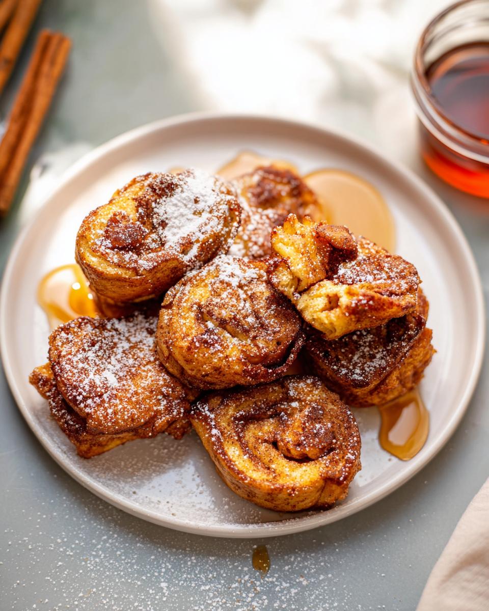 A plate of delicious Cinnamon Roll French Toast Bites dusted with powdered sugar and drizzled with syrup.