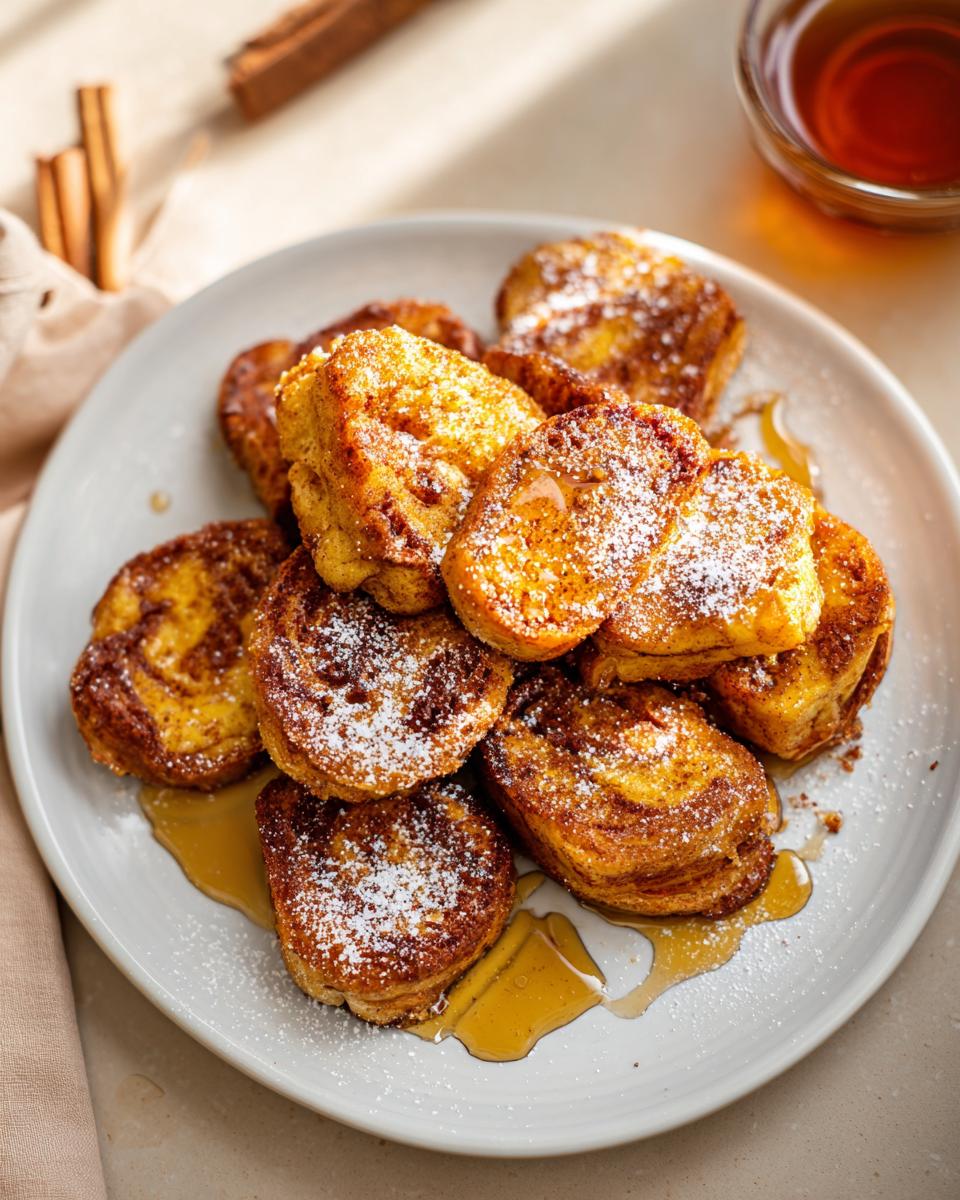 A pile of golden brown Cinnamon Roll French Toast Bites dusted with powdered sugar and drizzled with syrup.