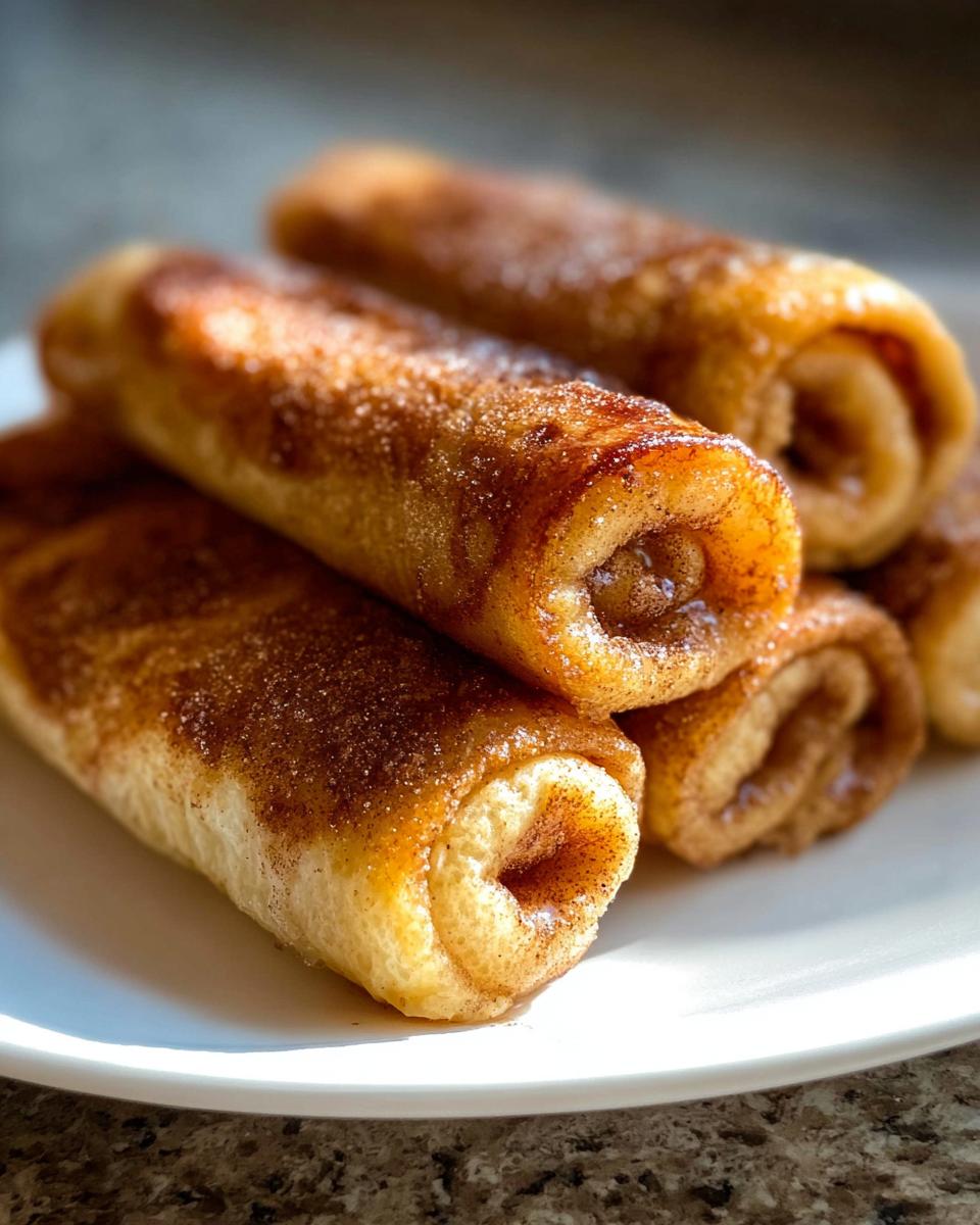 A stack of golden-brown Cinnamon Roll French Toast Roll-Ups dusted with cinnamon sugar on a white plate.