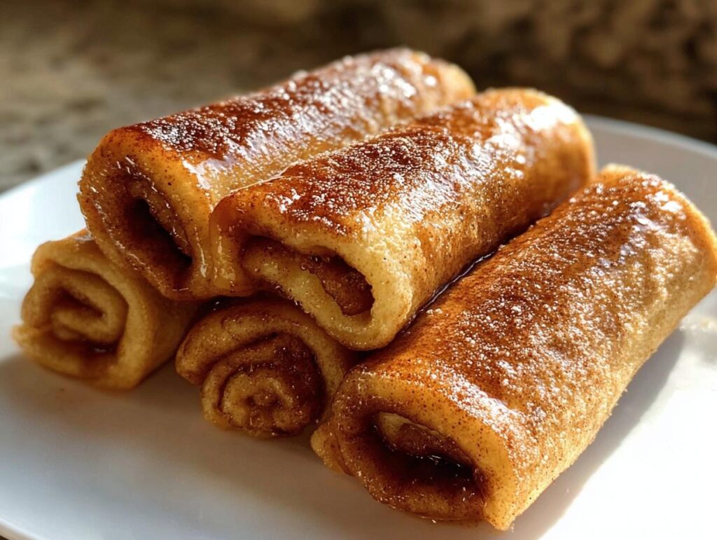 A close-up of a stack of Cinnamon Roll French Toast Roll-Ups, glistening with syrup and dusted with cinnamon sugar.