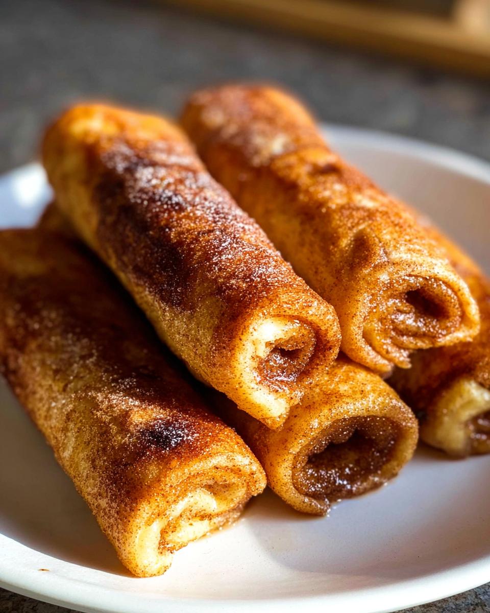 A close-up of several Cinnamon Roll French Toast Roll-Ups dusted with cinnamon sugar on a white plate.