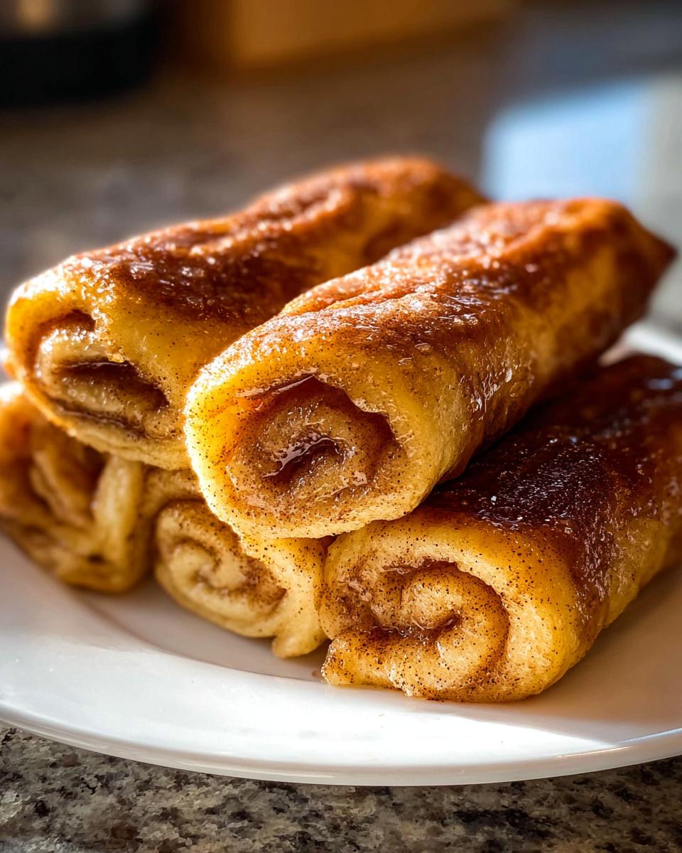 A close-up of a stack of golden-brown Cinnamon Roll French Toast Roll-Ups on a white plate, glistening with syrup.