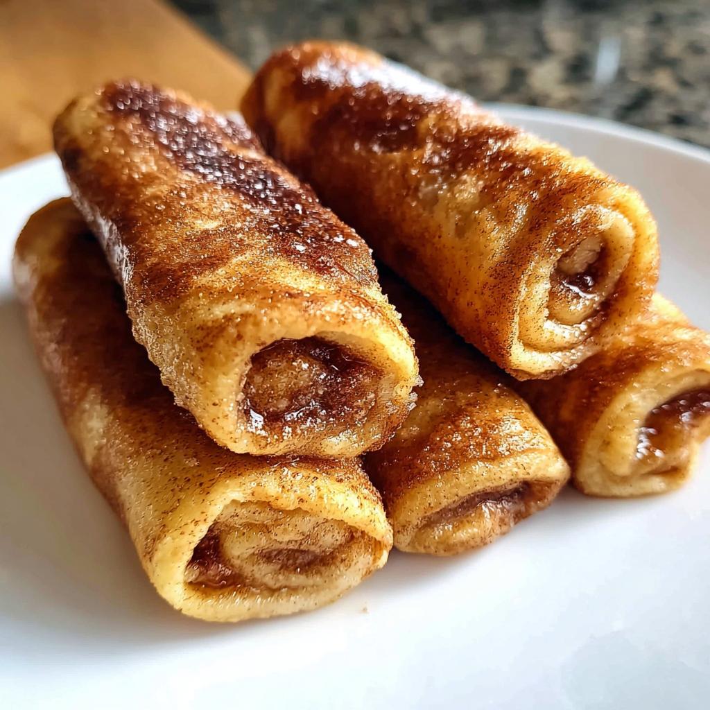 Close-up of a stack of golden-brown Cinnamon Roll French Toast Roll-Ups dusted with cinnamon sugar.