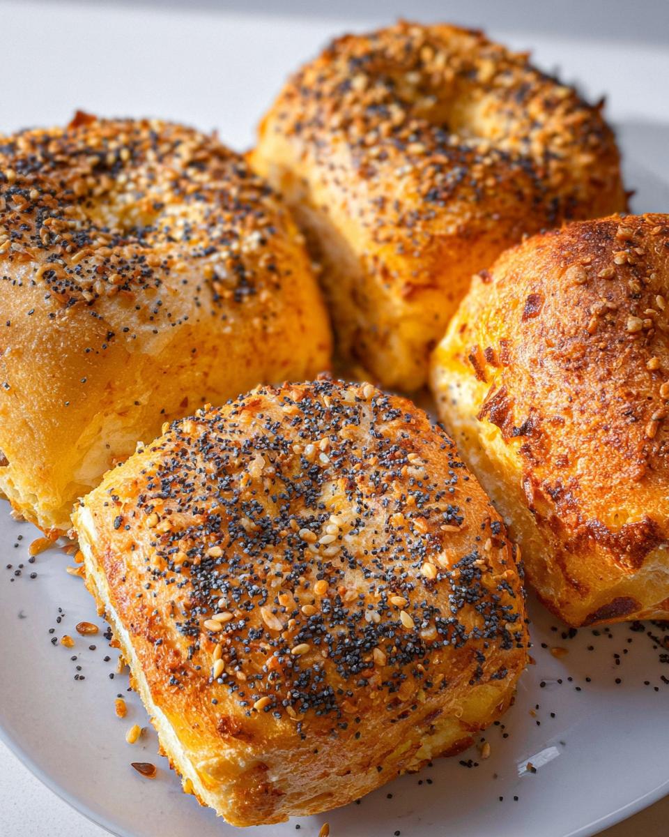 A close-up of four golden-brown cottage cheese flagels topped with everything bagel seasoning.