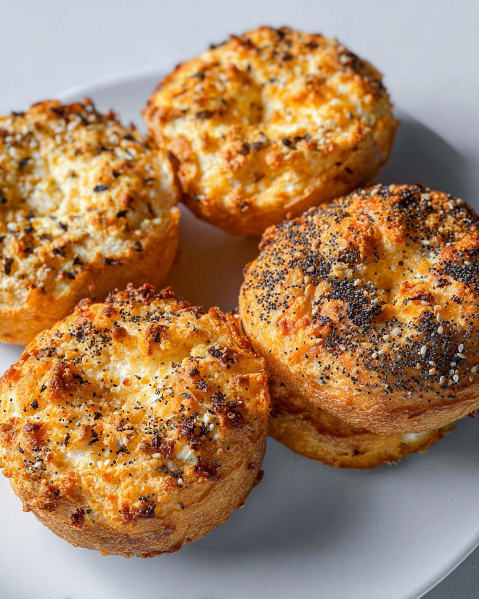 Four golden-brown cottage cheese flagels topped with everything bagel seasoning and poppy seeds on a white plate.
