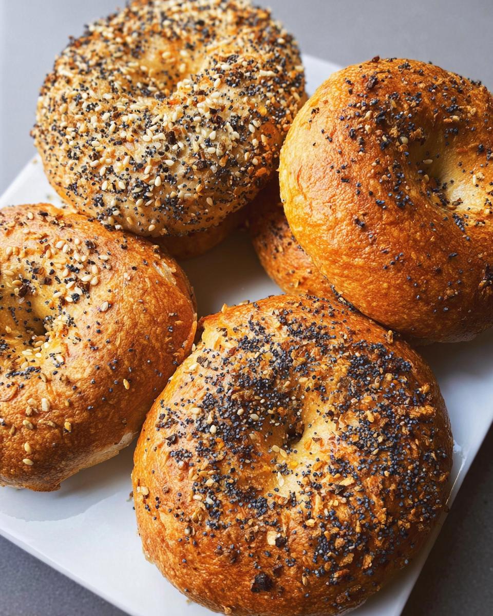 A close-up of several golden-brown cottage cheese flagels topped with poppy and sesame seeds.