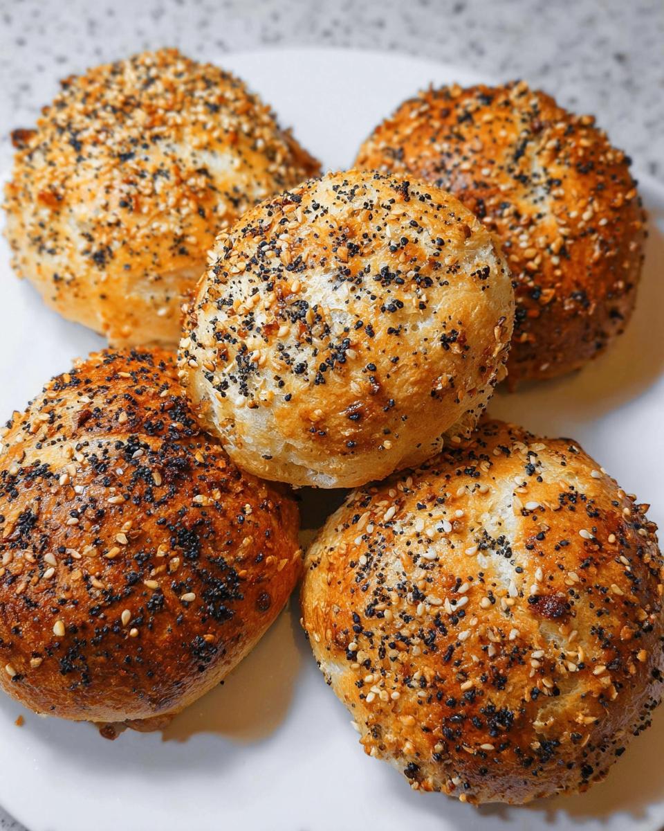 A pile of golden-brown cottage cheese flagels topped with everything bagel seasoning.