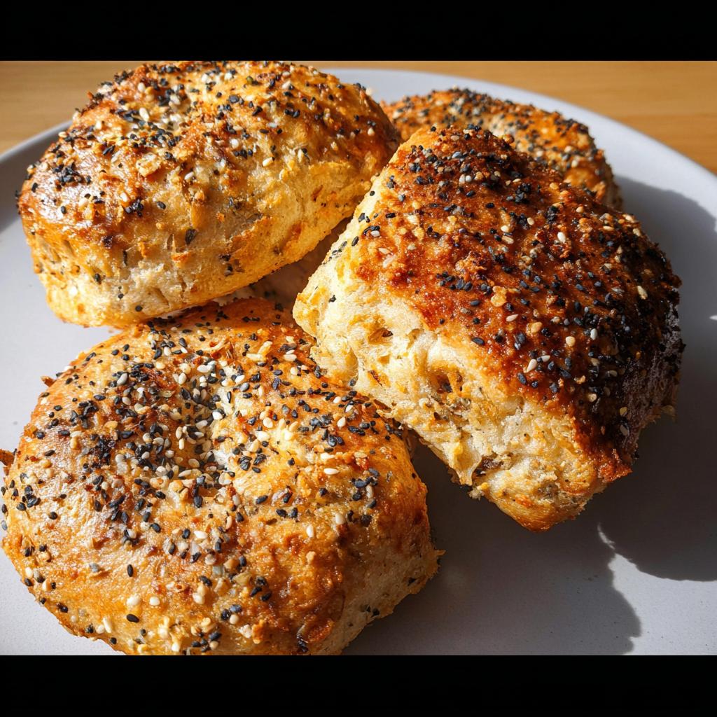 A close-up of golden-brown cottage cheese flagels topped with everything bagel seasoning on a plate.