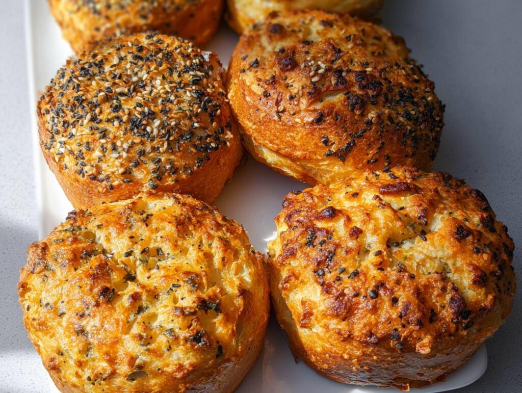 Close-up of freshly baked cottage cheese flagels, some topped with everything bagel seasoning and others with herbs and cheese.