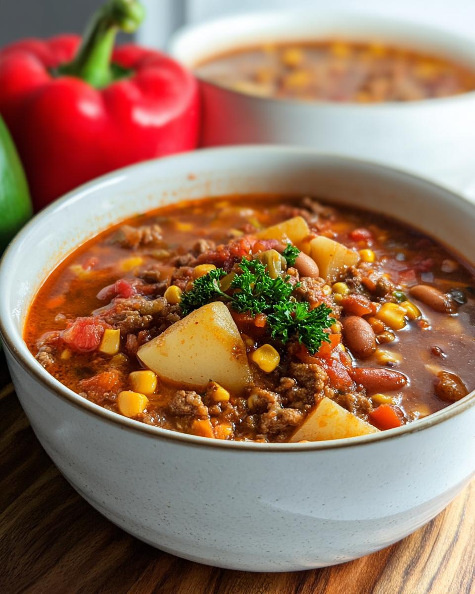 A close-up of a bowl of hearty Cowboy Soup, filled with ground beef, beans, corn, potatoes, and tomatoes, garnished with parsley.