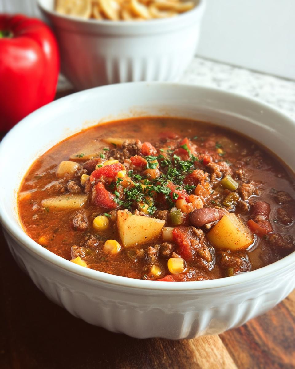 A close-up of a bowl of hearty Cowboy Soup, filled with ground beef, potatoes, corn, beans, and tomatoes, garnished with parsley.
