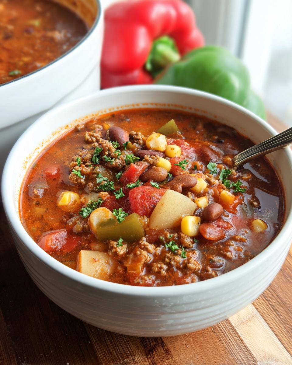 A close-up of a bowl of hearty Cowboy Soup, filled with ground beef, beans, corn, potatoes, and tomatoes, garnished with parsley.