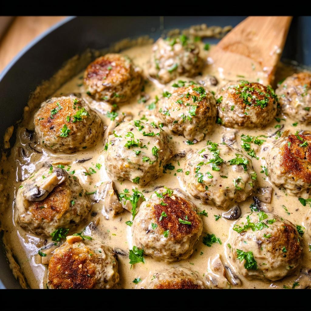 Close-up of delicious Creamy Mushroom Chicken Meatballs simmering in a rich, creamy sauce with mushrooms and parsley.