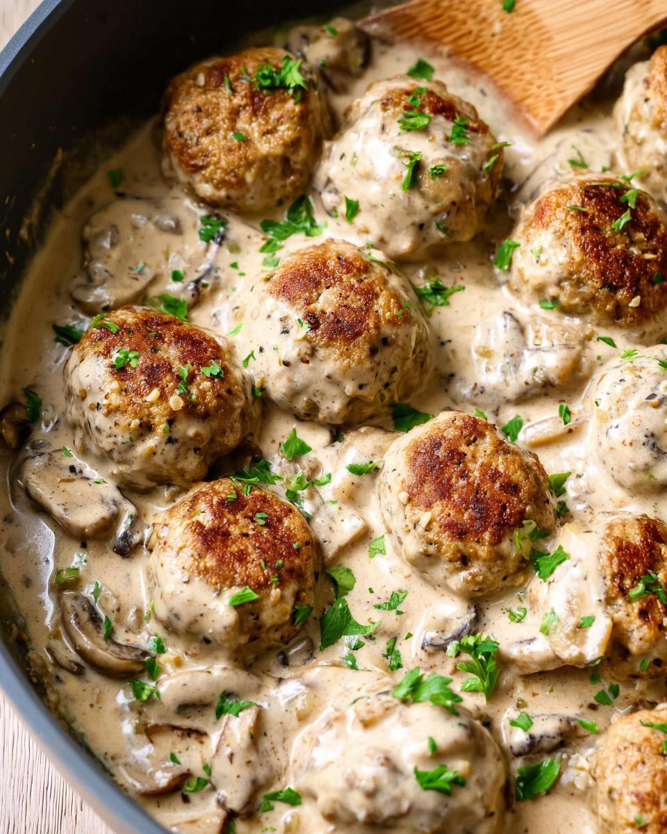 Close-up of delicious Creamy Mushroom Chicken Meatballs simmering in a rich, creamy sauce with sliced mushrooms and parsley.