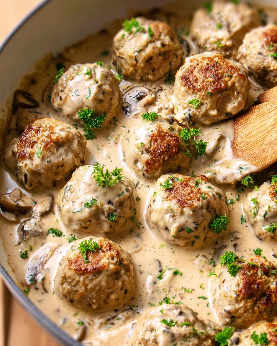 Close-up of delicious Creamy Mushroom Chicken Meatballs simmering in a rich sauce with mushrooms and parsley.