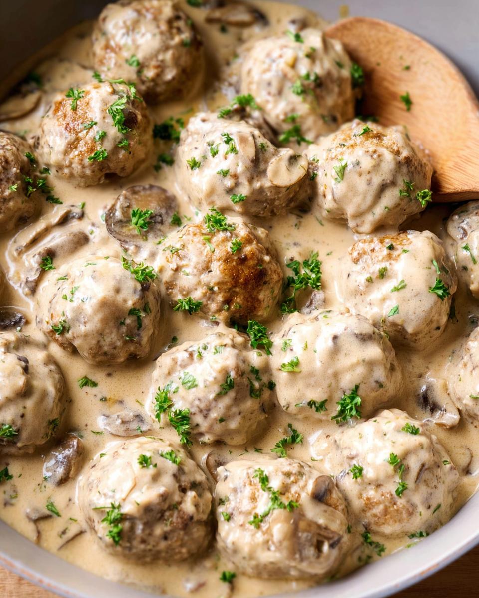 Close-up of delicious Creamy Mushroom Chicken Meatballs simmering in a rich, creamy sauce with sliced mushrooms and parsley.