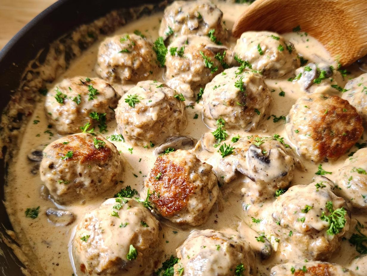 Close-up of delicious Creamy Mushroom Chicken Meatballs simmering in a rich sauce, garnished with parsley.
