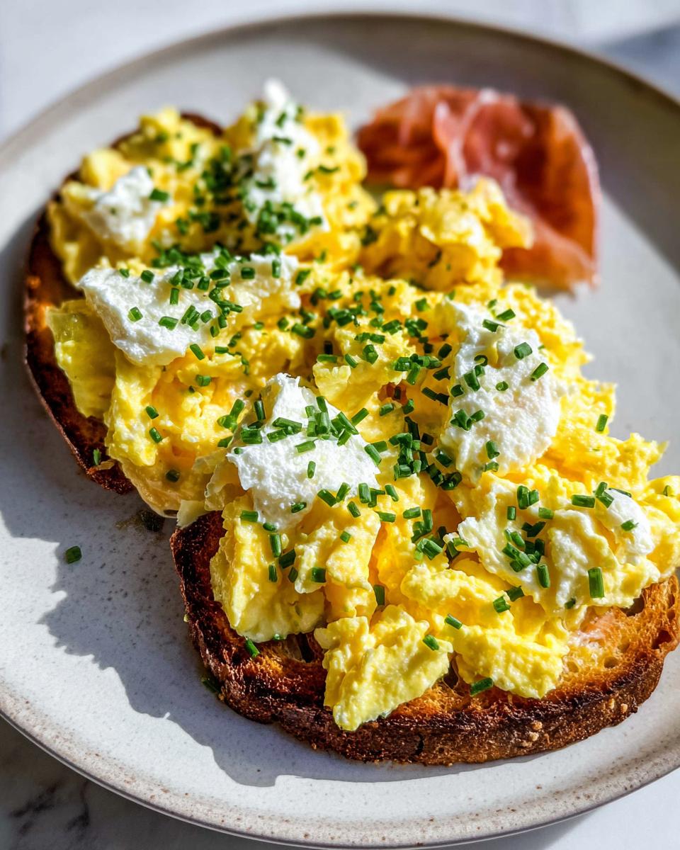 Close-up of Creamy Ricotta Egg Toast topped with scrambled eggs, dollops of ricotta, and fresh chives.
