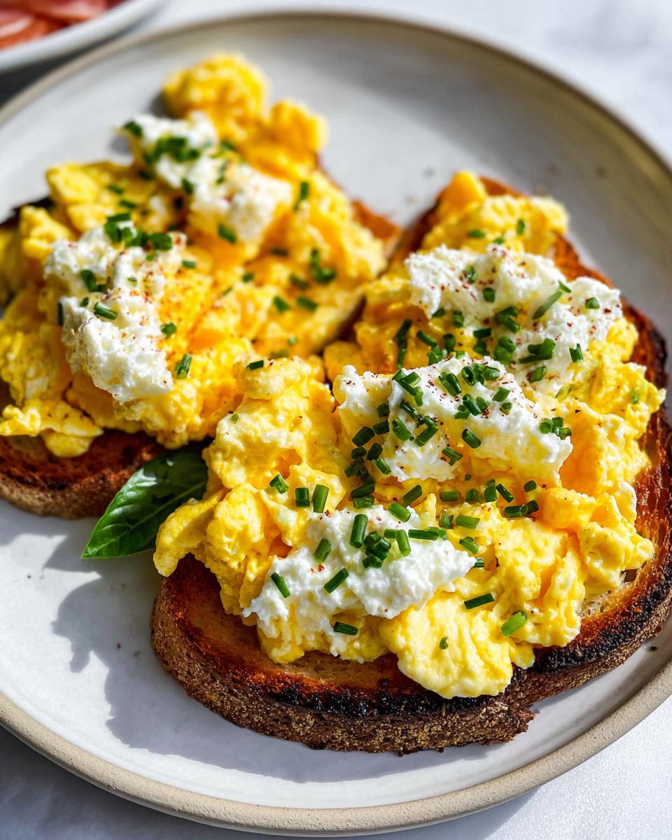 Two slices of toast topped with creamy scrambled eggs, dollops of ricotta, and fresh chives. A delicious Creamy Ricotta Egg Toast.