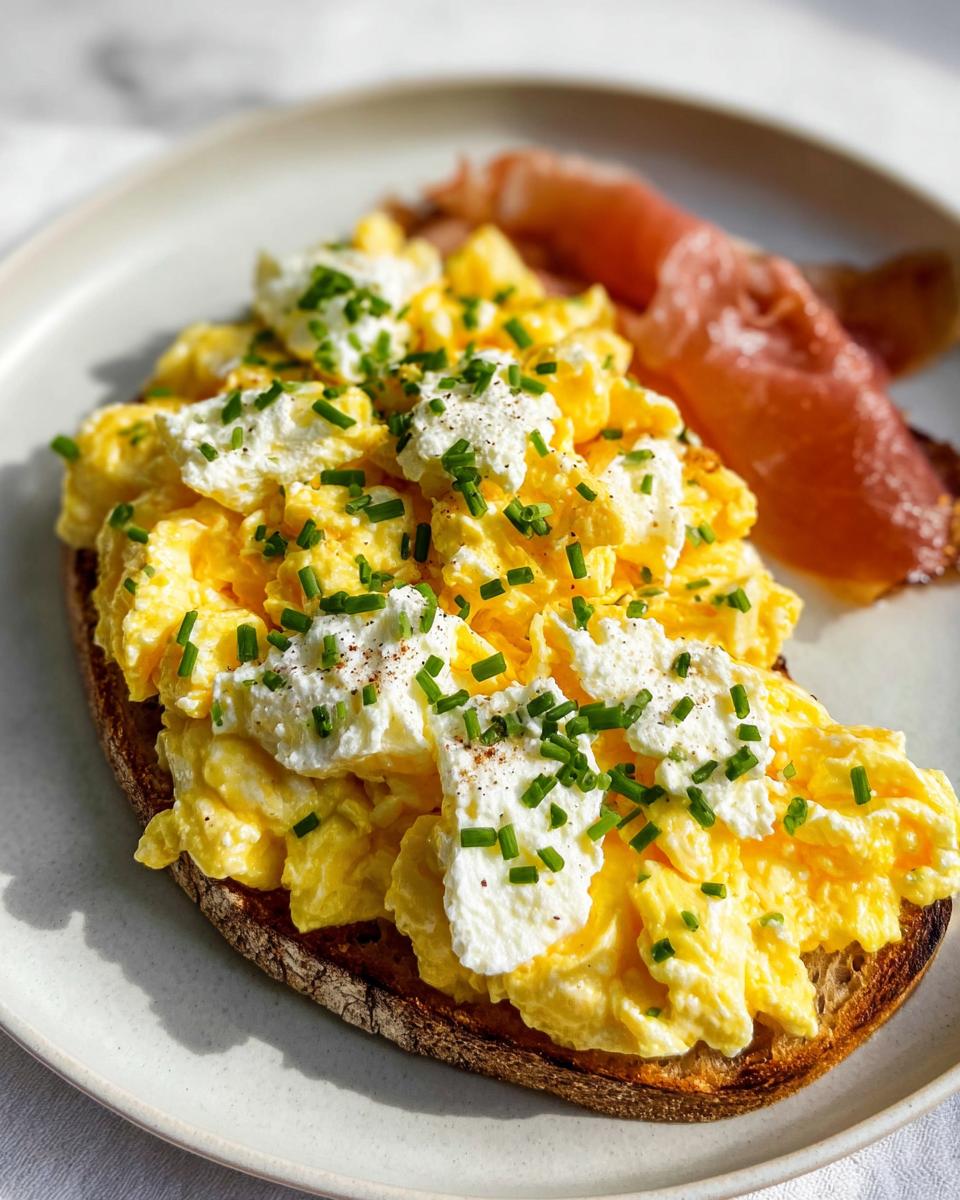 A slice of toast topped with fluffy scrambled eggs, dollops of ricotta cheese, and chives, served with a side of ham.