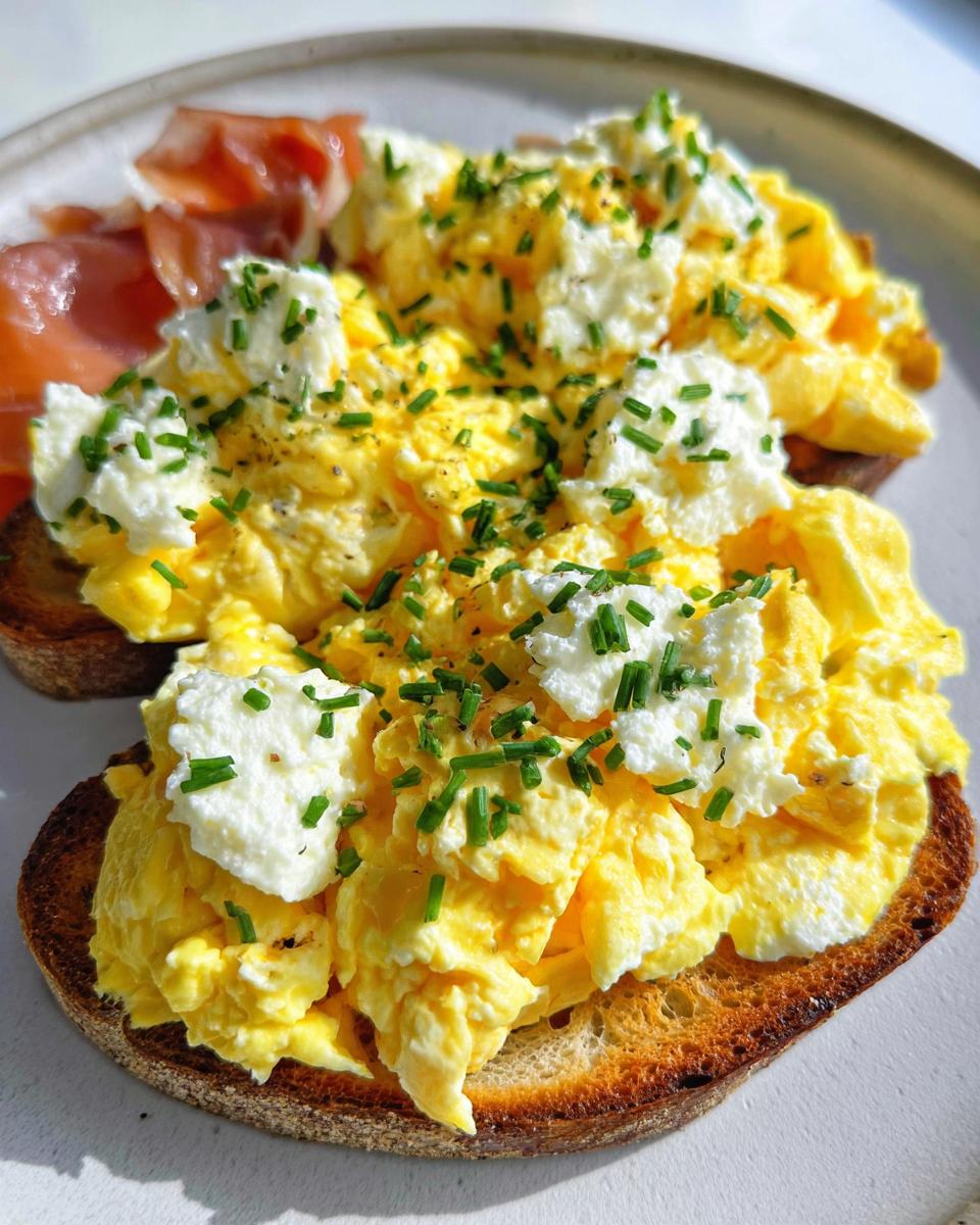 Close-up of Creamy Ricotta Egg Toast topped with scrambled eggs, dollops of ricotta cheese, and fresh chives.