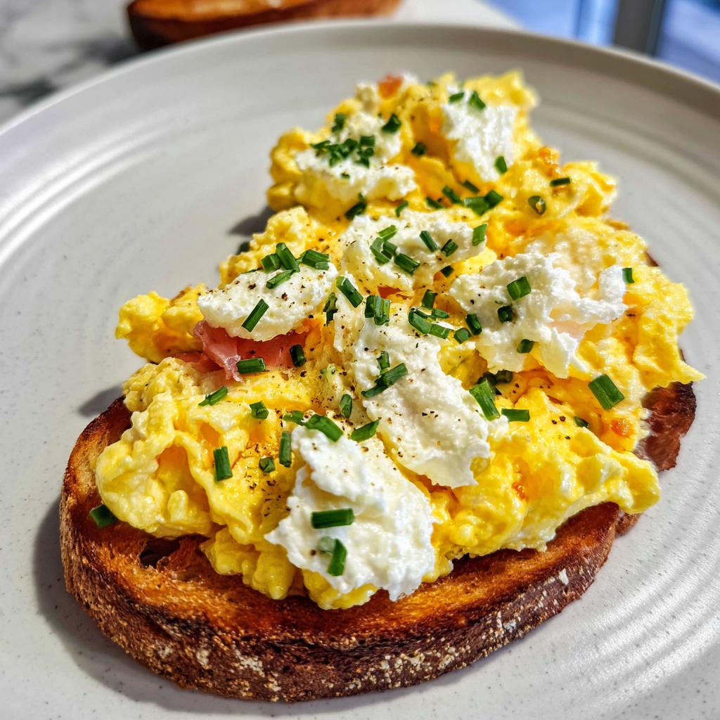Close-up of Creamy Ricotta Egg Toast topped with fluffy scrambled eggs, dollops of ricotta, and fresh chives.