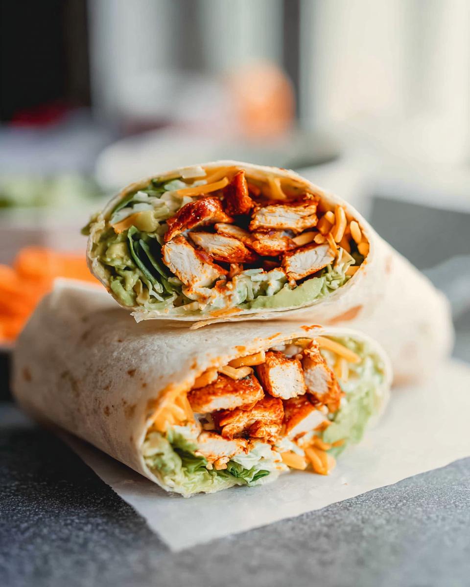 A close-up of a breakfast wrap cut in half, revealing creamy spinach and eggs filling with chicken and cheese.