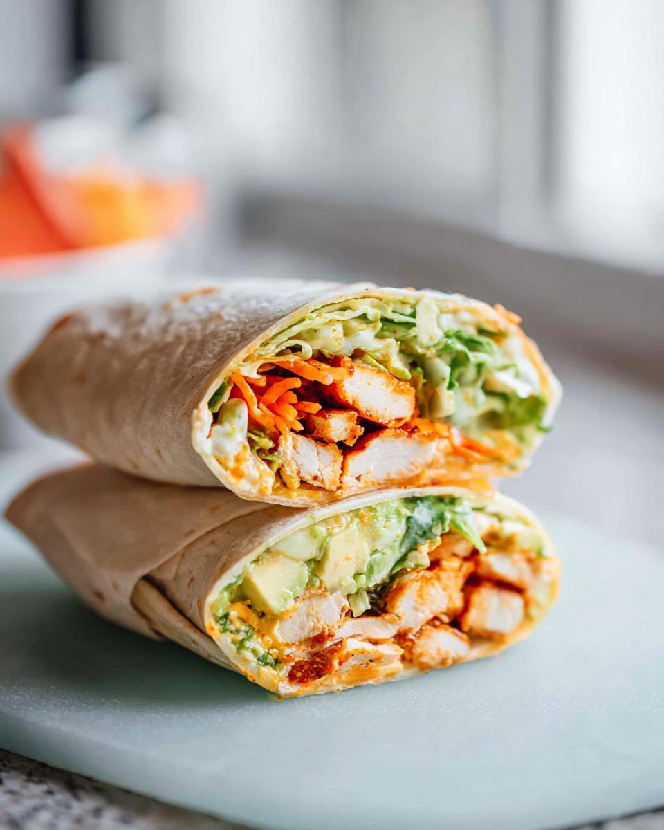A close-up of a breakfast wrap cut in half, revealing creamy spinach and eggs filling with chicken and avocado.