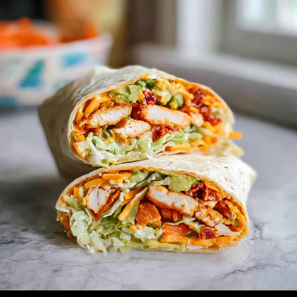 A delicious breakfast wrap filled with creamy spinach, eggs, chicken, avocado, cheese, and bacon.
