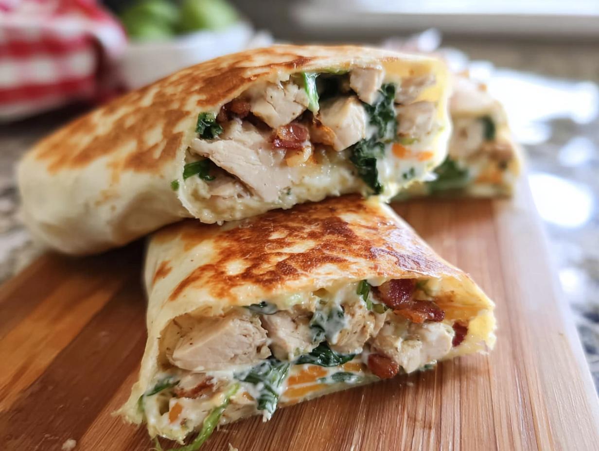 A close-up of a crispy chicken bacon wrap cut in half, revealing tender chicken, bacon, and greens.