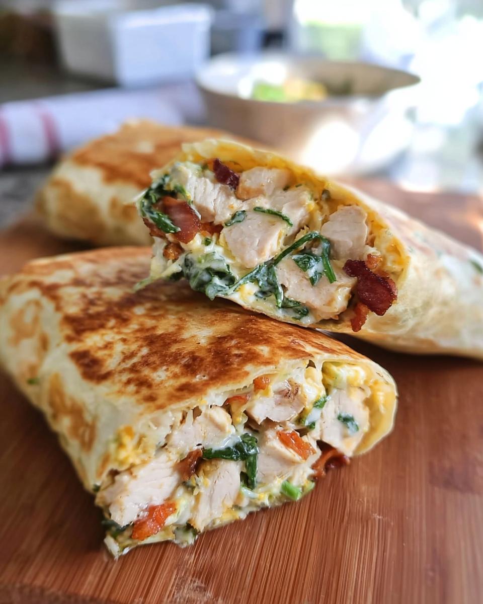 Close-up of a Crispy Chicken Bacon Wrap cut in half, showing tender chicken, crispy bacon, and spinach filling.